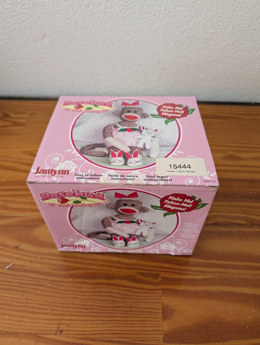 Rosebud Sock Monkey Kit from Janlynn - 2000s Crafts & Hobbies (Socks (Cotton/Poly), Stuffing, Felt Craft Kit, Craft, Kids, Vintage Toy, Brown, Red, White, Pink)