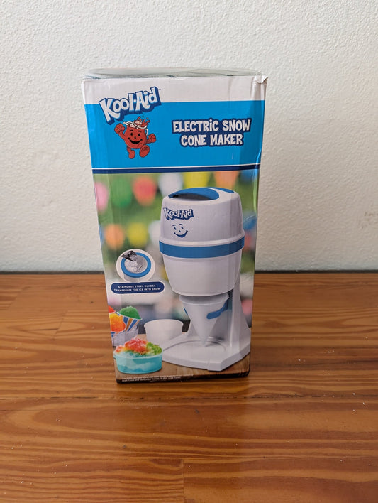Electric Snow Cone Maker from Kool-Aid / Nostalgia Electrics (likely mfg) - 2010s Kitchenware (Plastic, Stainless Steel Kitchen Appliance, Retro, Kids, Kitchen, White, Blue)