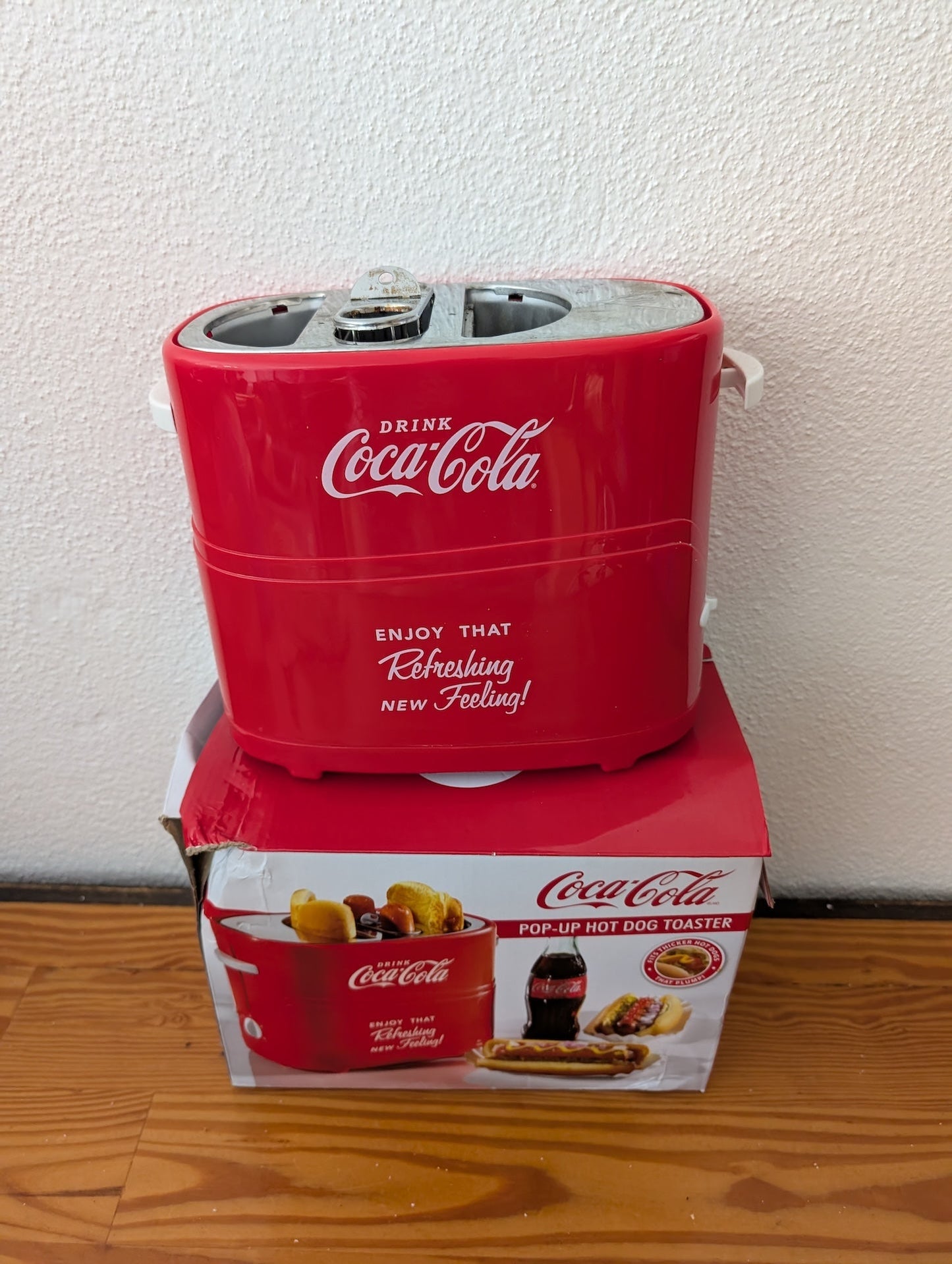 Pop-Up Hot Dog Toaster from Coca-Cola / Nostalgia Electrics (likely mfg) - 2010s Kitchenware (Plastic, Metal Kitchen Appliance, Retro, Kitsch, Pop Culture, Red, White)