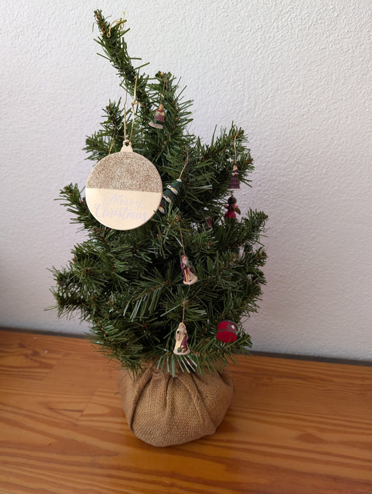 Mini Christmas Tree with Ornaments from Unknown -  Holiday Decor (PVC, Burlap, Plastic Tabletop Christmas Tree, Christmas, Farmhouse, Rustic, Green, Gold)