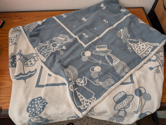 Dutch Children Jacquard Blanket from Unknown - 1960s-1970s Linens (Cotton Blanket / Throw, Vintage, Folk Art, Scandinavian, Blue, Cream)