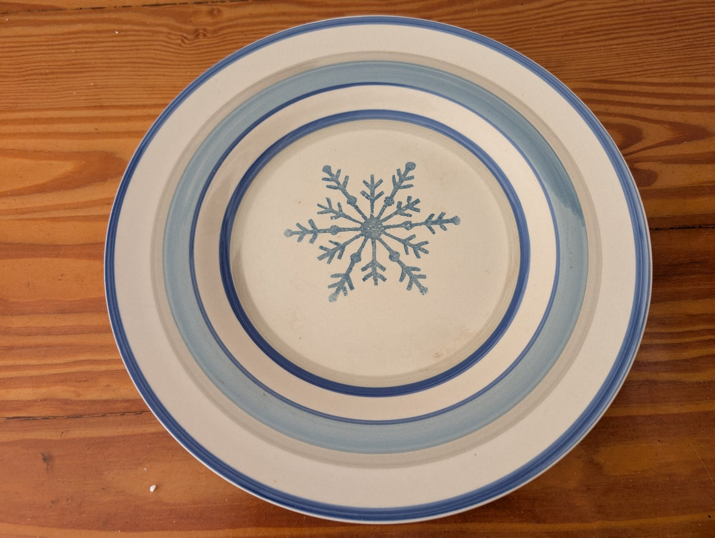 Snowflake Stoneware Plate from Unknown (Similar to Pfaltzgraff) -  Tableware (Stoneware Plate, Rustic, Winter, Farmhouse, Cream, Blue, Grey)