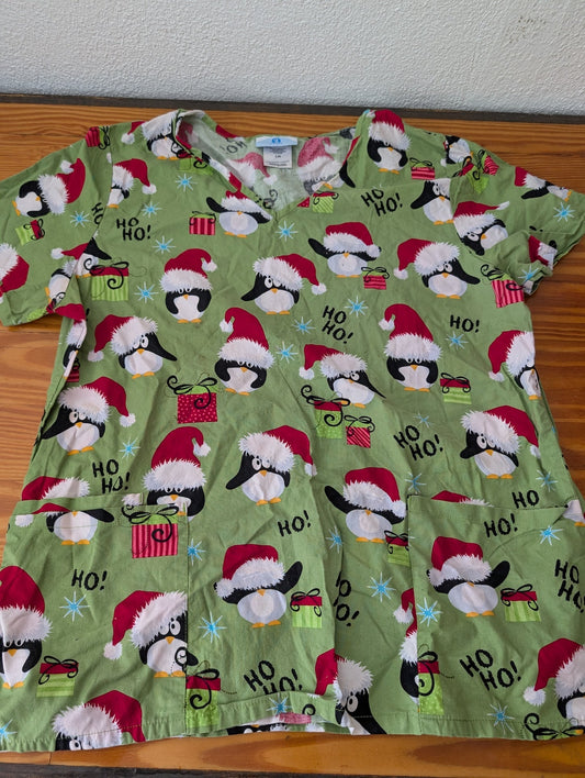 Penguin Christmas Scrub Top from Unknown -  Apparel / Workwear (Cotton/Poly Blend Scrub Top, Medical, Christmas, Novelty, Green, Red, Black, White)