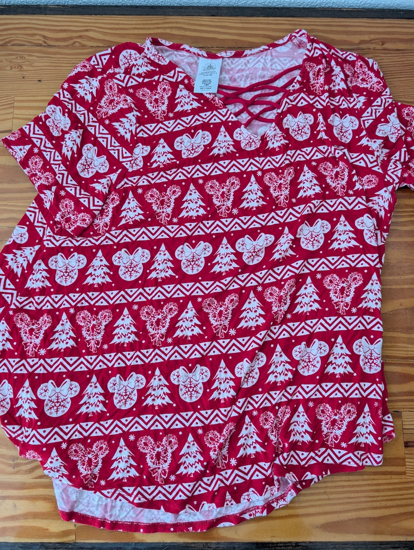 Disney Parks Holiday Mickey Mouse T-Shirt from Disney Parks -  Apparel (Cotton/Polyester Blend Pajama/Lounge Shirt, Christmas, Disney, Holiday, Red, White)