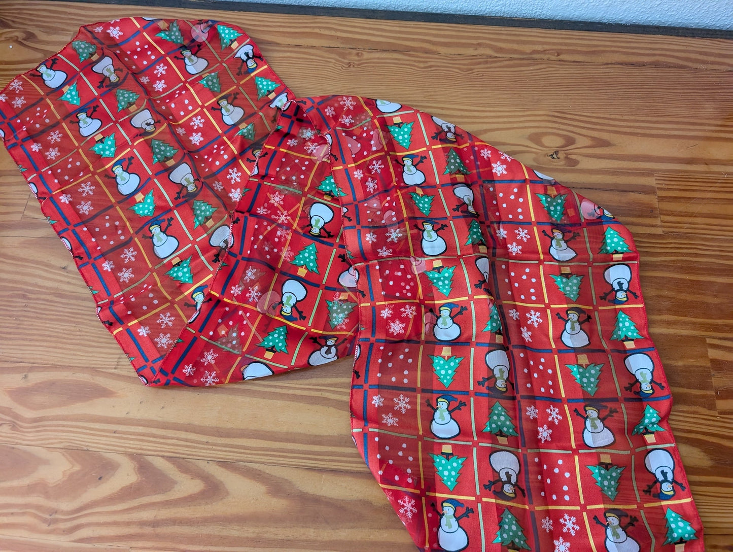 Christmas Snowman and Tree Sheer Scarf from Unbranded -  Apparel/Accessory (Sheer Polyester Scarf, Christmas, Holiday, Winter, Red, White, Green, Brown)