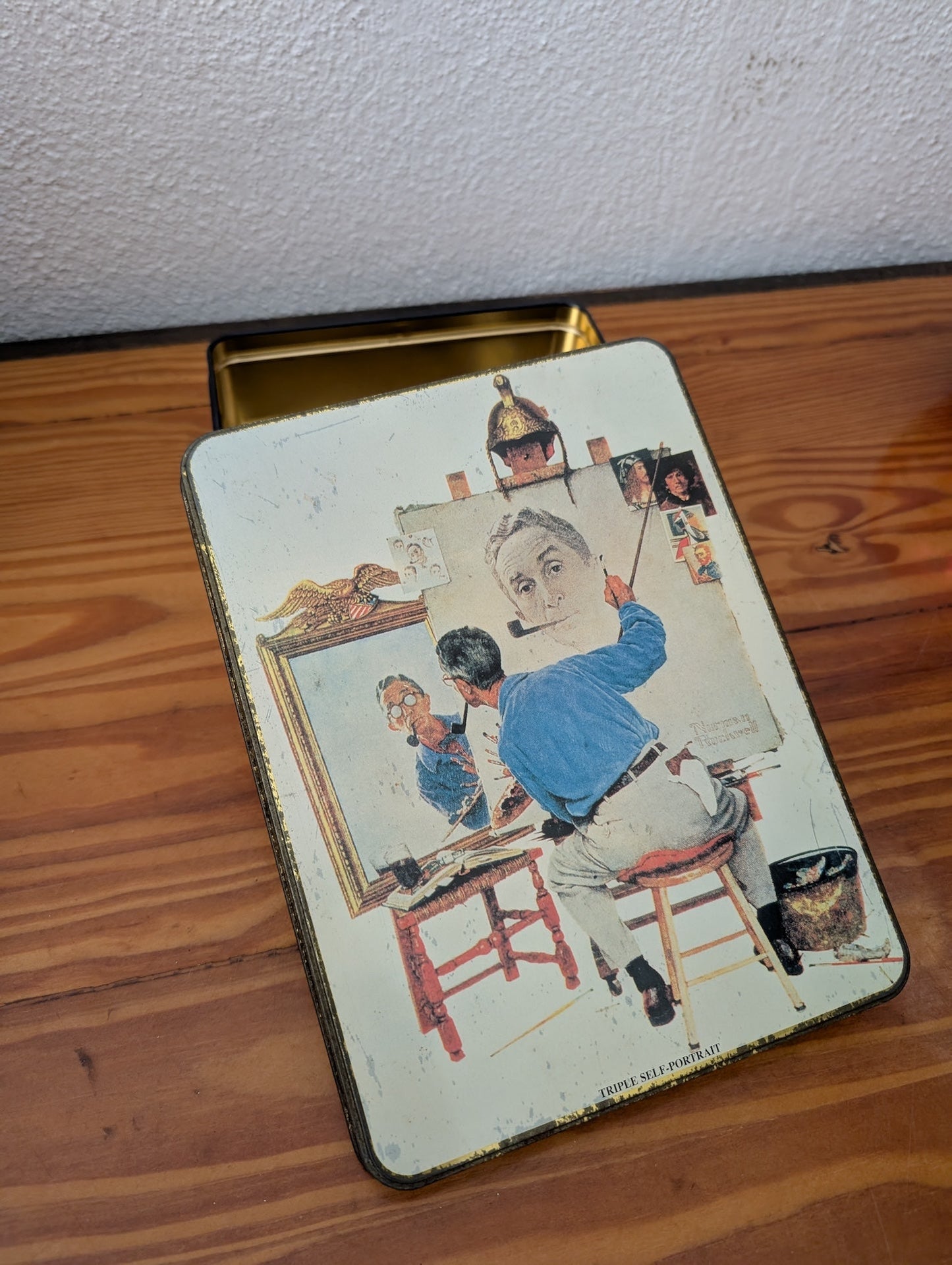 Norman Rockwell "Triple Self-Portrait" Tin from Unknown (reproduction) - 1980s Collectibles (Tin Collector Tin, Traditional, Americana, Collectible, Multicolor)