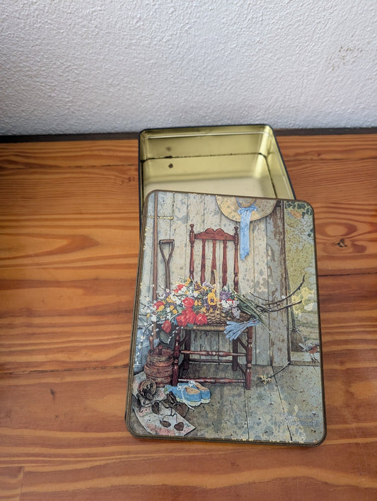 "Potting Shed" Still Life Tin from Unknown (likely a Cheinco or Bristol Ware tin) - 1970s-1980s Collectibles (Tin Collector Tin, Farmhouse, Rustic, Cottagecore, Multicolor, Beige, Brown)