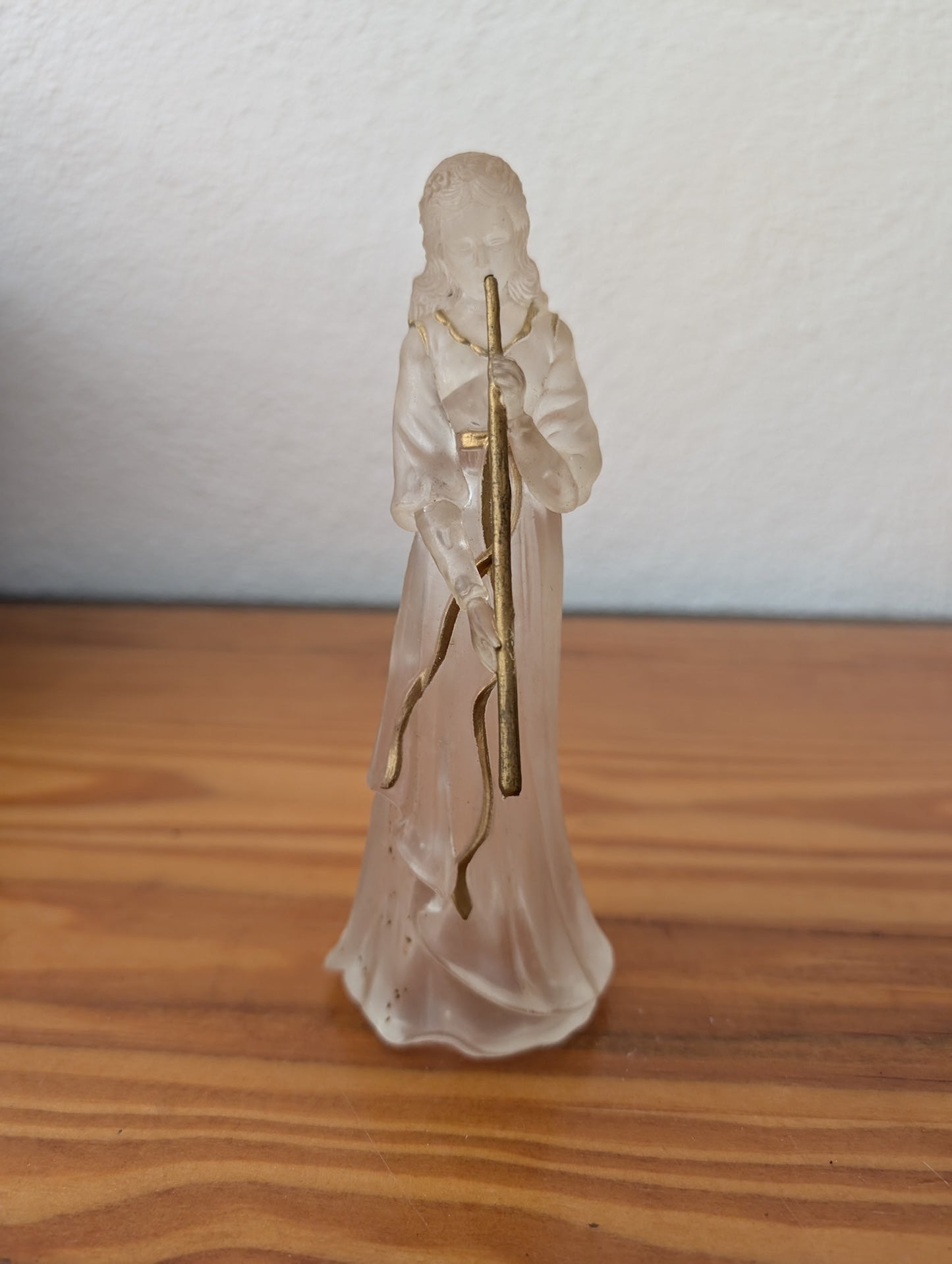 Frosted Glass Angel with Flute from Unknown -  Holiday Decor (Glass Figurine, Angelic, Traditional, Frosted Clear, Gold)