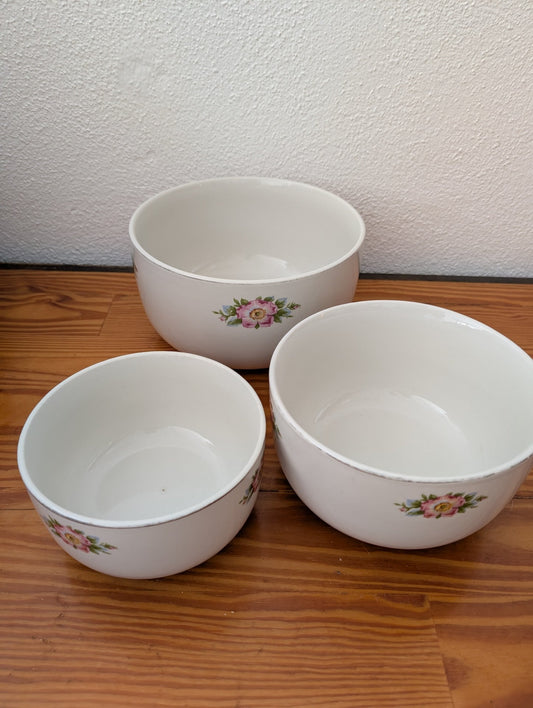 Rose Decal Nesting Bowls from Unknown (Possibly vintage department store brand) - 1980s Kitchenware (Ceramic Nesting Bowls, Cottagecore, Farmhouse, Shabby Chic, White, Pink, Green)