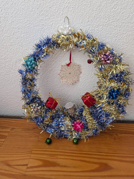 Tinsel Wreath from Unknown -  Holiday Decor (Tinsel, Wireframe, Plastic Wreath, Handmade, Craft, Kitsch, Blue, Gold, Multicolor)