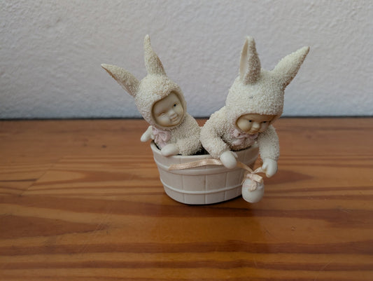 Babies in Bunny Suits Figurine from Unknown -  Decorative Object (Ceramic, Flocking Figurine, Whimsical, Nursery, Easter, Cream, White)