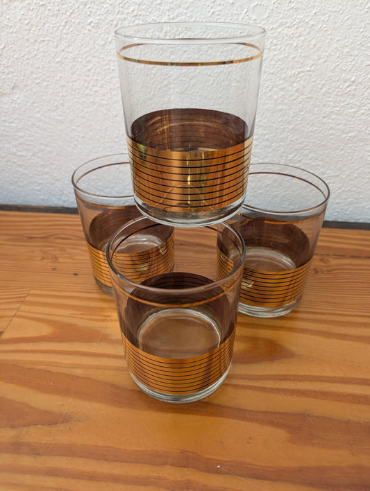 Gold Stripe Rocks Glasses from Unknown (Similar to Culver or Libbey glassware) - 1960s-1970s Glassware (Glass Drinking Glasses, Mid-Century Modern, Barware, Retro, Clear, Gold, Black)