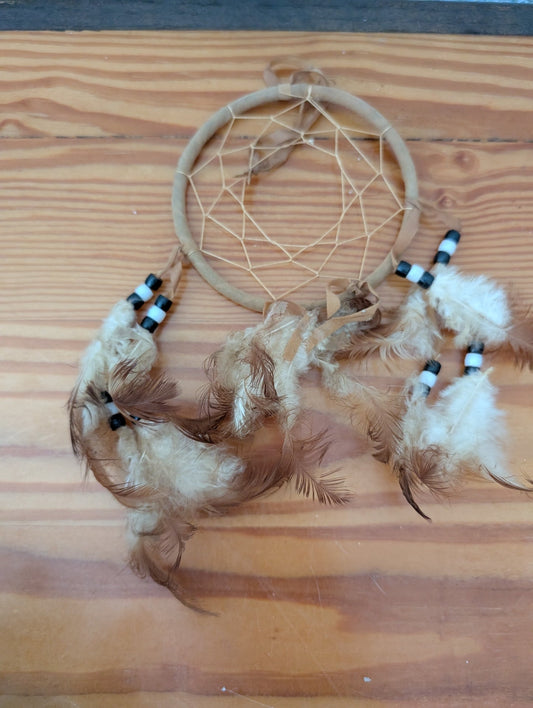 Handmade Dream Catcher from Unknown -  Wall Decor (Suede, Twine, Feathers, Beads Dream Catcher, Bohemian, Southwestern, Spiritual, Tan, Brown, White, Black)