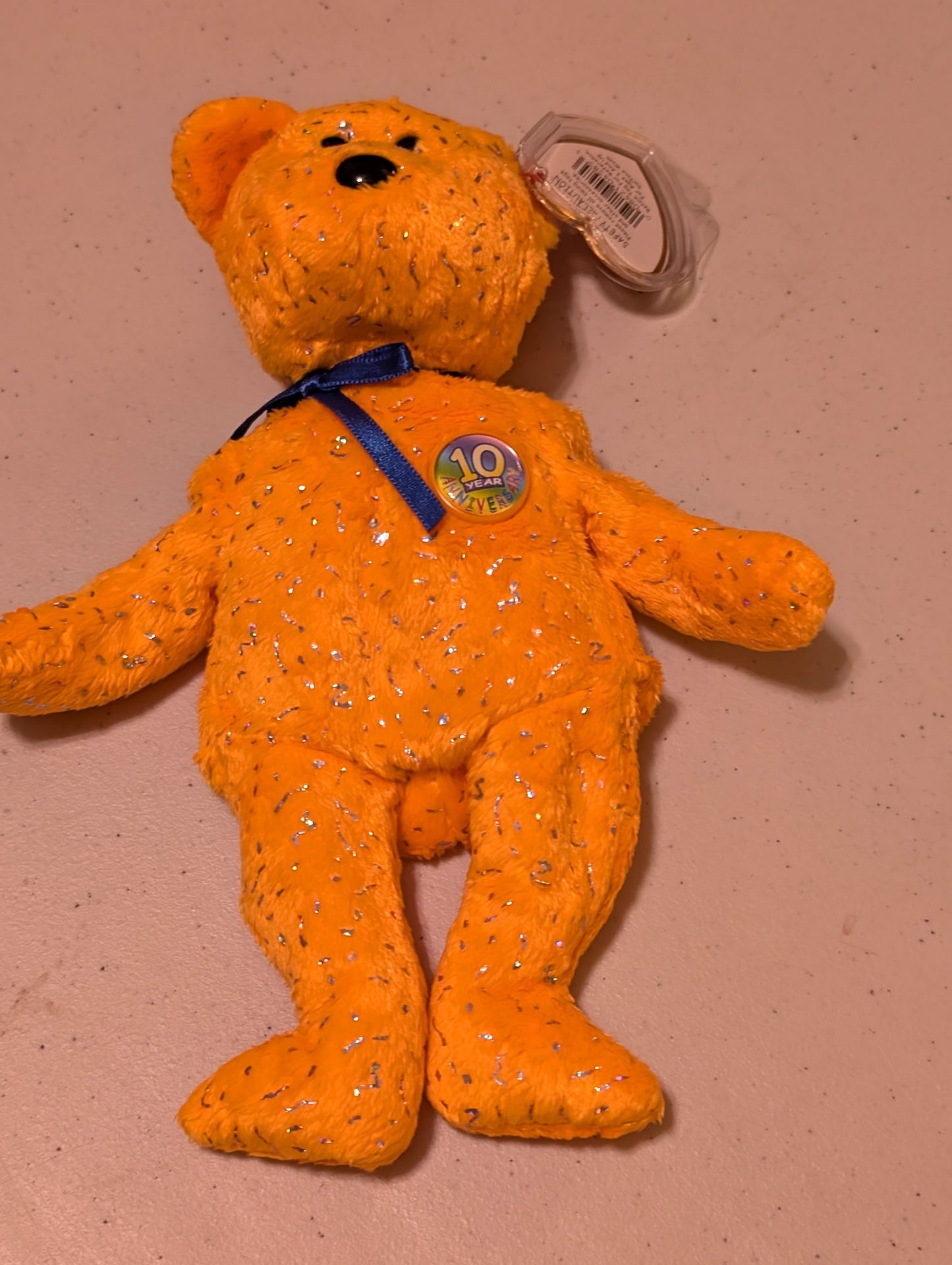 10th Anniversary Celebration the Bear - Ty Beanie Baby (Orange, 2003, Plush Toy, Stuffed Animal, MWMT, Vintage, Retired)