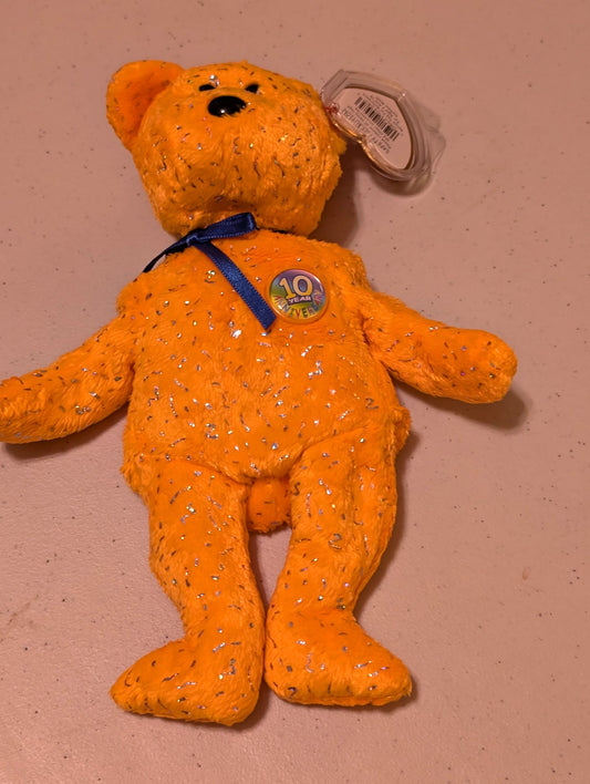 10th Anniversary Celebration the Bear - Ty Beanie Baby (Orange, 2003, Plush Toy, Stuffed Animal, MWMT, Vintage, Retired)
