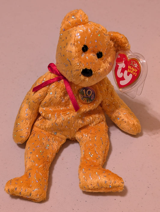10th Anniversary Topaz the Bear - Ty Beanie Baby (Gold, 2003, Plush Toy, Stuffed Animal, MWMT, Vintage, Retired)