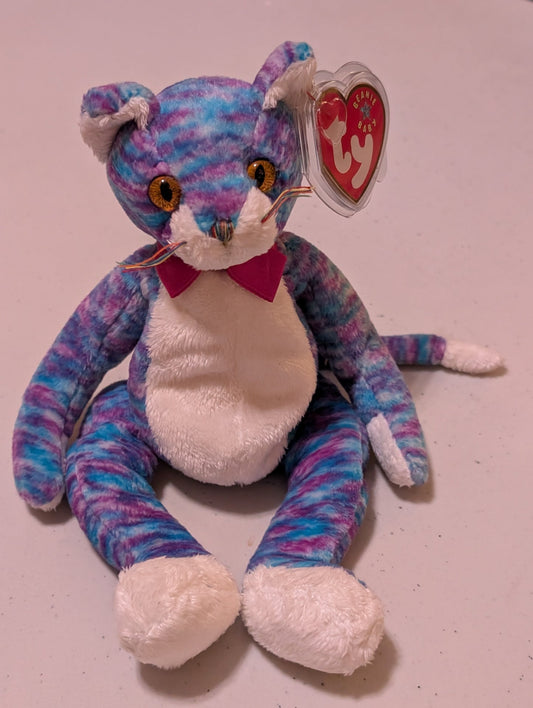 Kooky the Cat - Ty Beanie Baby (Purple & Blue, 2000, Plush Toy, Stuffed Animal, MWMT, Vintage, Retired)