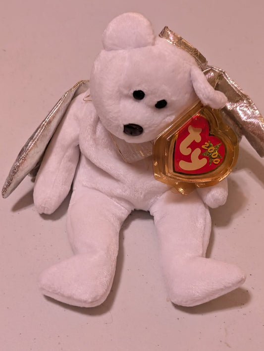 Halo II the Bear - Ty Beanie Baby (White, 2000, Plush Toy, Stuffed Animal, MWMT, Vintage, Retired)
