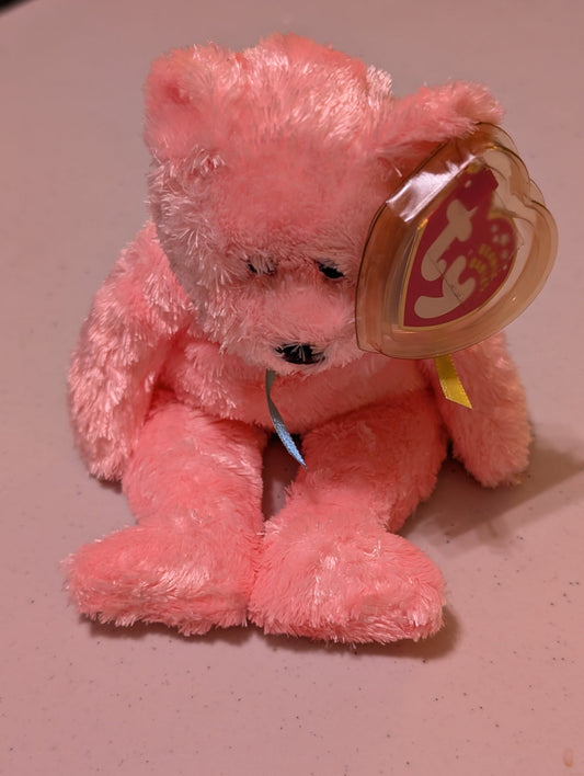 October Birthday Bear the Bear - Ty Beanie Baby (Pink, 2001, Plush Toy, Stuffed Animal, MWMT, Vintage, Retired)