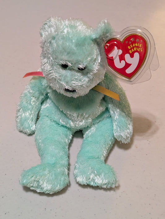 March Birthday Bear the Bear - Ty Beanie Baby (Green, 2001, Plush Toy, Stuffed Animal, MWMT, Vintage, Retired)