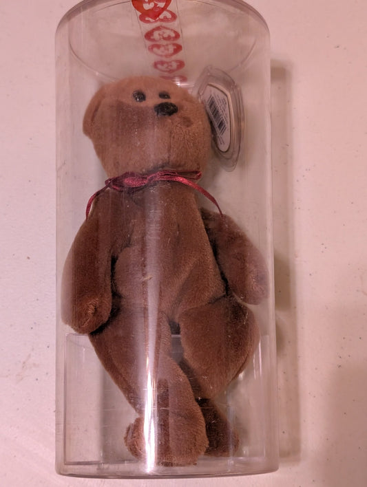 Curly the Bear with Case - Ty Beanie Baby (Brown, 1996, Plush, Toy, Stuffed Animal, MWMT, Vintage, Retired)