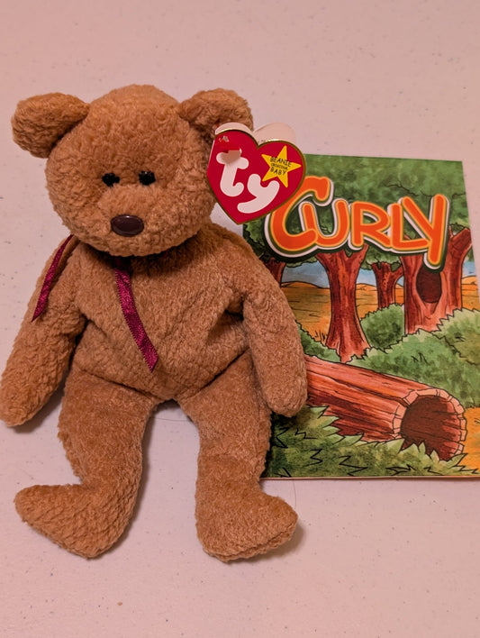 Curly the Bear with Case - Ty Beanie Baby (Brown, 1996, Plush Toy, Stuffed, Animal, MWMT, Vintage, Retired)
