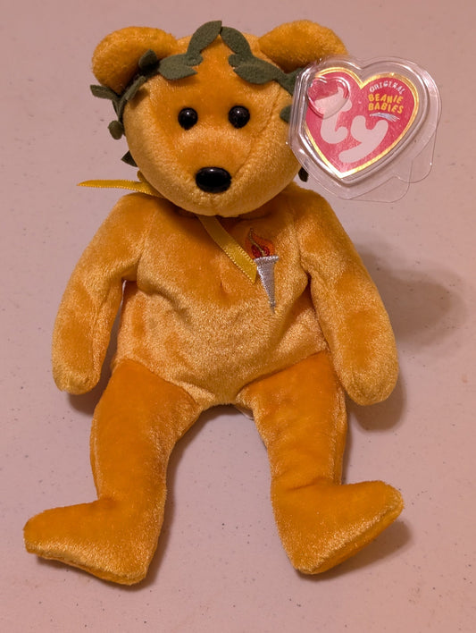 Olympia the Bear - Ty Beanie Baby (Gold, 2004, Plush Toy, Stuffed Animal, MWMT, Vintage, Retired)