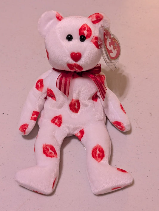 Smooch the Bear - Ty Beanie Baby (White, 1998, Plush Toy, Stuffed Animal, MWMT, Vintage, Retired)