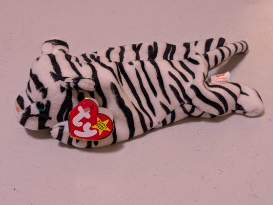 Blizzard the Tiger - Ty Beanie Baby (White & Black, 1996, Plush Toy, Stuffed Animal, MWMT, Vintage, Retired)