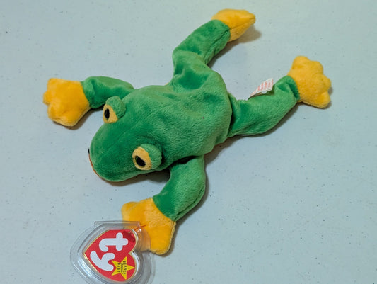 Smoochy the Frog - Ty Beanie Baby (Green, Yellow, 1997, Plush Toy, MWMT, Stuffed Animal, Vintage, Retired, Plushie)