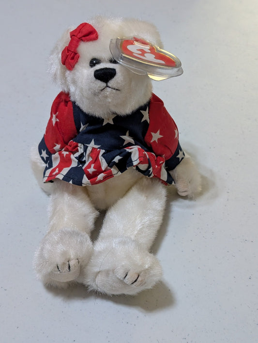 America the Bear - Ty Beanie Baby (White, Red, Blue, 2002, Plush Toy, MWMT, Stuffed Animal, Vintage, Retired, Plushie)