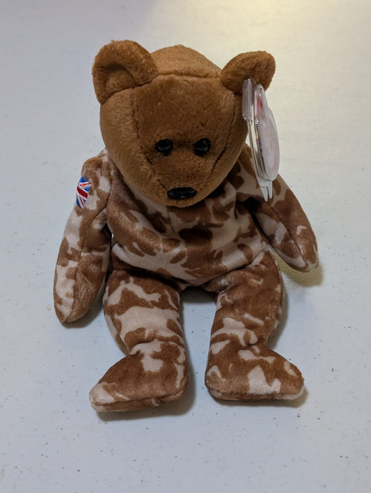 Hero (UK) the Bear - Ty Beanie Baby (Desert Camouflage, 2003, Plush Toy, MWMT, Stuffed Animal, Vintage, Retired, Plushie)