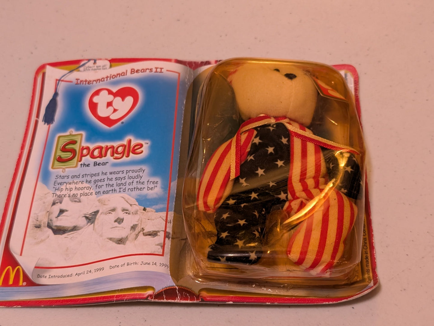 Spangle the Bear - McDonald's / Ty Teenie Beanie Baby (Red, White, Blue, 1999, Plush Toy in packaging)