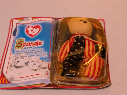 Spangle the Bear - McDonald's / Ty Teenie Beanie Baby (Red, White, Blue, 1999, Plush Toy in packaging)