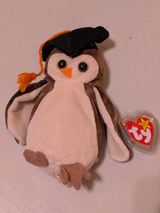 Wise the Owl - Ty Beanie Baby (Brown, White, 1998, Plush Toy, MWMT, Stuffed Animal, Vintage, Retired, Plushie)