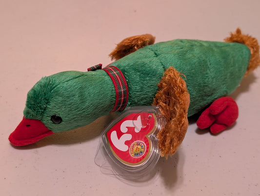 Jingles the Duck - Ty Beanie Baby (Green, Brown, Red, 2001, Plush Toy, MWMT, Stuffed Animal, Vintage, Retired, Plushie)