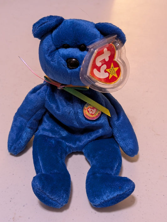 Clubby the Bear - Ty Beanie Baby (Blue, 1998, Plush Toy, MWMT, Stuffed Animal, Vintage, Retired, Plushie)