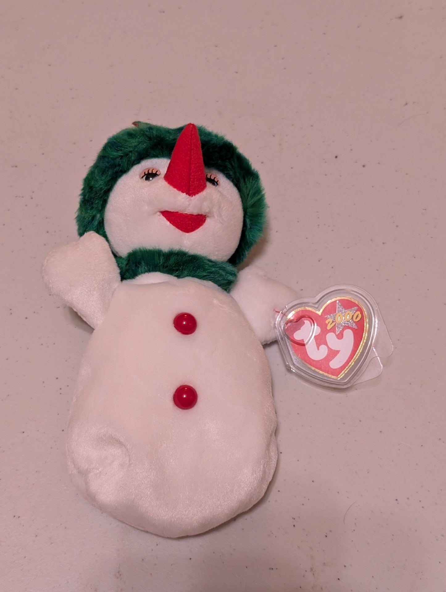 Snowball the Snowman - Ty Beanie Baby (White, Green, Red, 2000, Plush Toy, MWMT, Stuffed Animal, Vintage, Retired, Plushie)