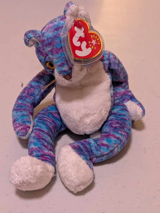 Silver the Cat - Ty Beanie Baby (Blue, Purple, White, 1999, Plush Toy, MWMT, Stuffed Animal, Vintage, Retired, Plushie)