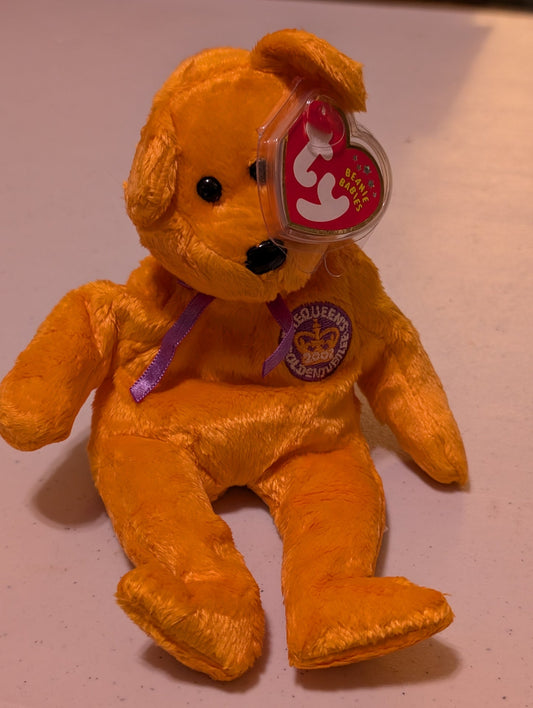 Queenie the Bear - Ty Beanie Baby (Orange, Purple, 2002, Plush Toy, MWMT, Stuffed Animal, Vintage, Retired, Plushie)