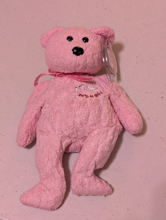It's a Girl the Bear - Ty Beanie Baby (Pink, 2001, Plush Toy, MWMT, Stuffed Animal, Vintage, Retired, Plushie)