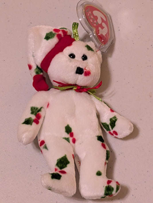 Holly the Bear - Ty Beanie Baby (White, Green, Red, 1999, Plush Toy, Stuffed Animal, MWMT, Vintage, Retired)