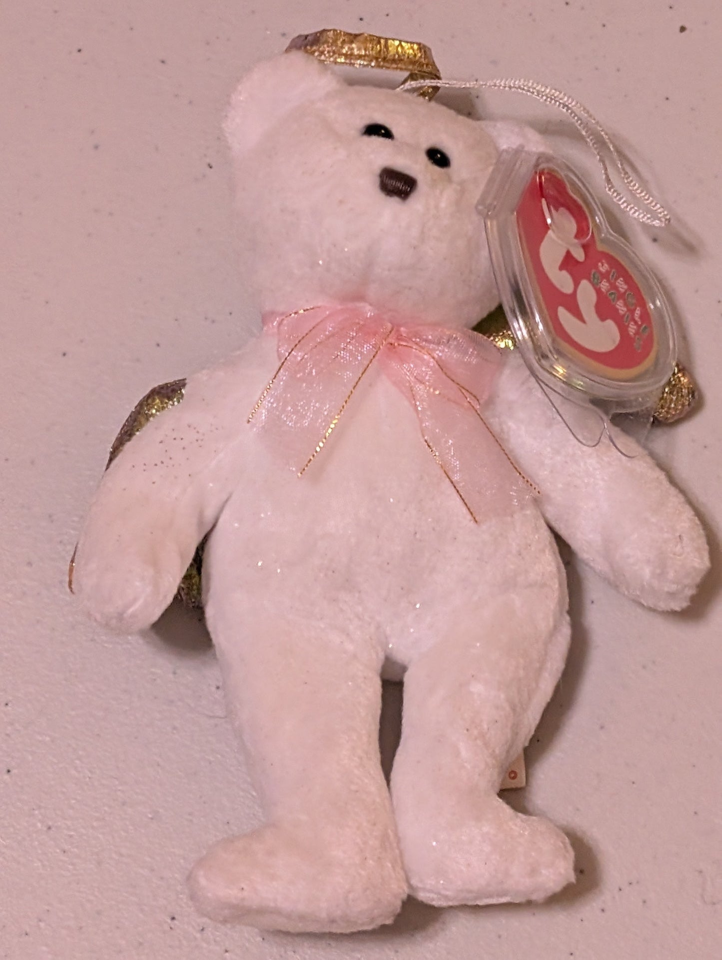 Angel the Bear - Ty Jingle Beanie (White, Gold, Pink, 2000, Plush Toy, Stuffed Animal, MWMT, Vintage, Retired)