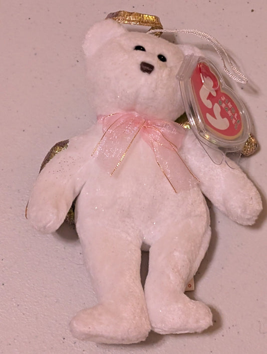 Angel the Bear - Ty Jingle Beanie (White, Gold, Pink, 2000, Plush Toy, Stuffed Animal, MWMT, Vintage, Retired)