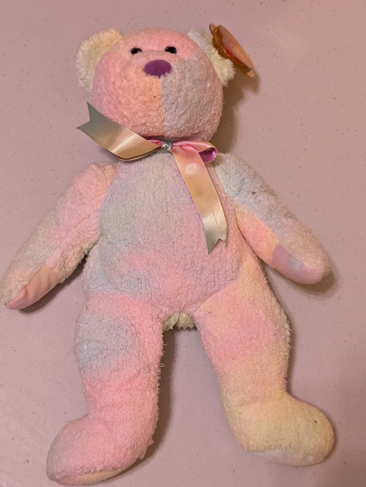 Groovey the Pastel Curly  Bear  TY  Beanie Buddie 14"  Retired 1999 (MWMT, Vintage, Retired, with Tag, VTG, Stuffed Animal, Plush, Toy)