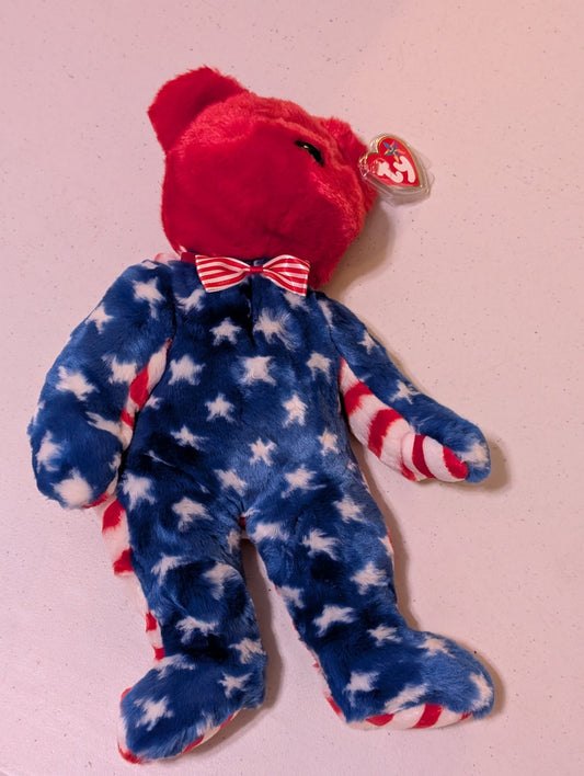 Liberty The Red-faced Bear Ty Beanie Buddy (14in)  (MWMT, Vintage, Retired, with Tag, VTG, Stuffed Animal, Plush, Toy)