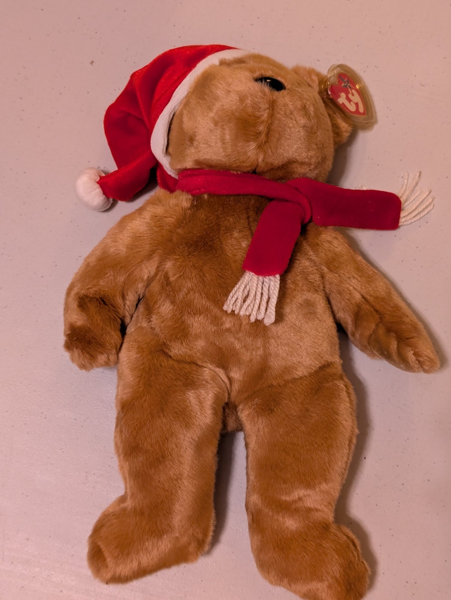 Christmas Bear 14" plush w/scarf & Santa Hat Ty Beanie Buddies 2001 (MWMT, Vintage, Retired, with Tag, VTG, Stuffed Animal, Plush, Toy)