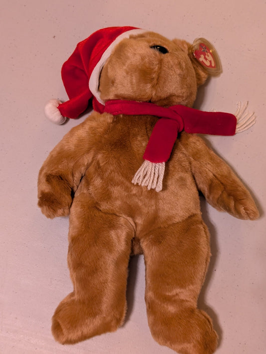 Christmas Bear 14" plush w/scarf & Santa Hat Ty Beanie Buddies 2001 (MWMT, Vintage, Retired, with Tag, VTG, Stuffed Animal, Plush, Toy)