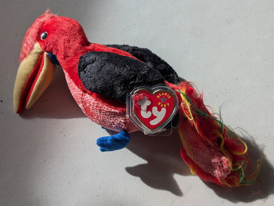 Frills the Hornbill - Ty Beanie Baby (Red, Black, 1997, Plushie, Toy, Stuffed Animal, MWMT, Vintage, Retired)