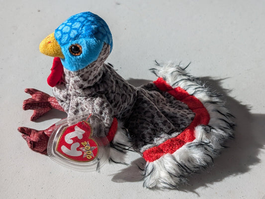 Plymouth the Turkey - Ty Beanie Baby (Gray, Blue, Red, 2001, Plushie, Toy, Stuffed Animal, MWMT, Vintage, Retired)